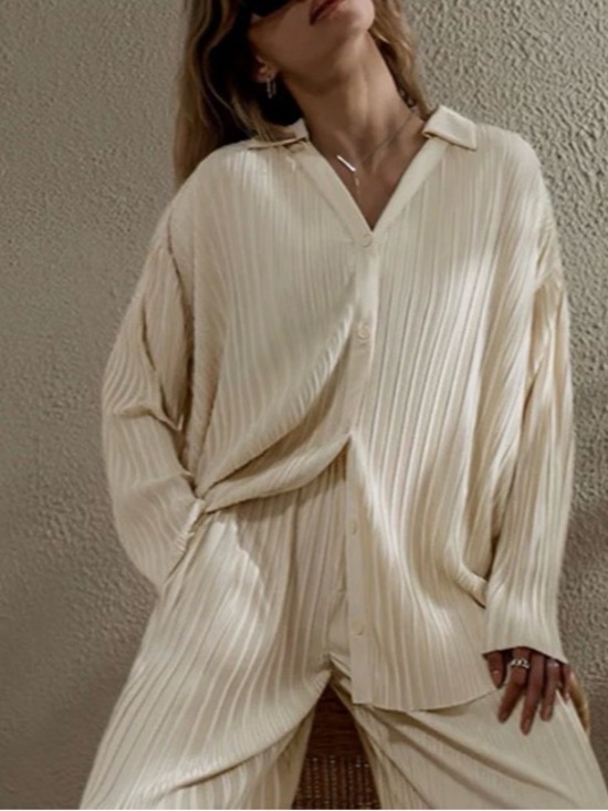 Commense Tops - Commense Cream Pleated Button-Front Oversized Top